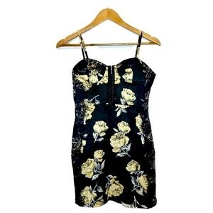 TOBI Satin and Lace Bustier Corset Floral Bodycon Dress Black Yellow Size Small